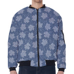 Maple Leaf Denim Jeans Pattern Print Zip Sleeve Bomber Jacket