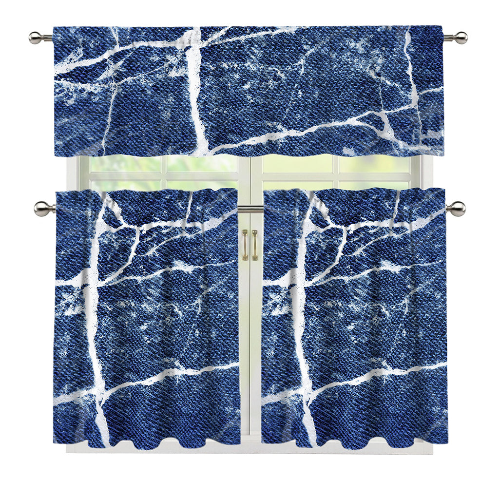 Marble Denim Jeans Pattern Print 3 Piece Kitchen Curtains