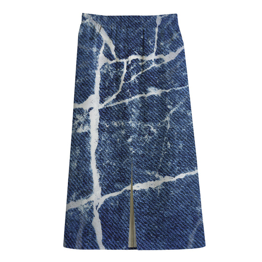 Marble Denim Jeans Pattern Print Cotton Front Slit Maxi Skirt