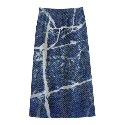 Marble Denim Jeans Pattern Print Cotton Front Slit Maxi Skirt