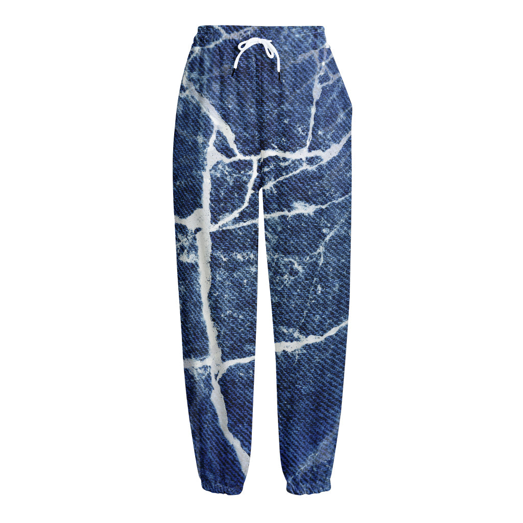 Marble Denim Jeans Pattern Print Fleece Lined Knit Pants