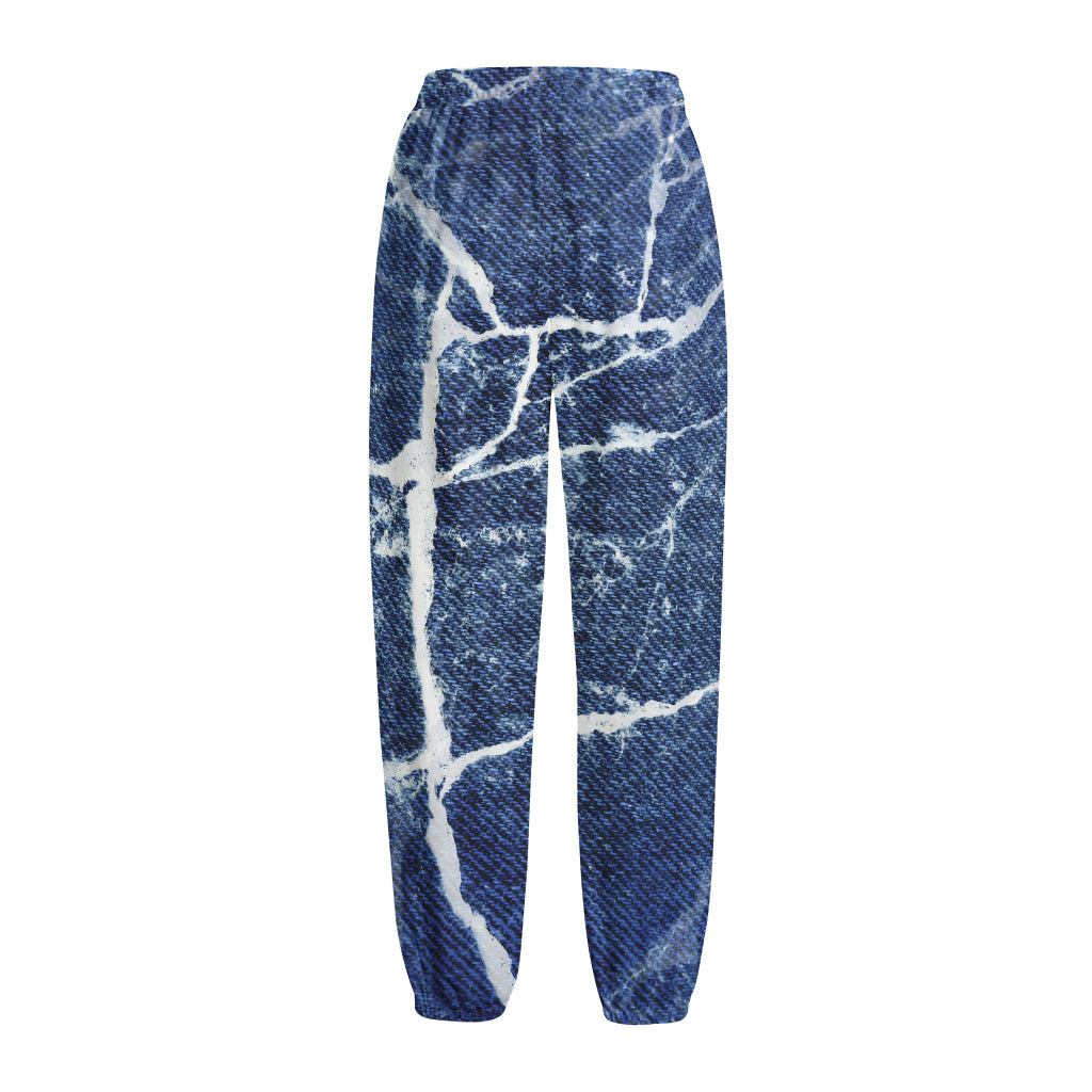 Marble Denim Jeans Pattern Print Fleece Lined Knit Pants
