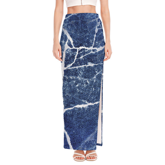 Marble Denim Jeans Pattern Print High Slit Maxi Skirt