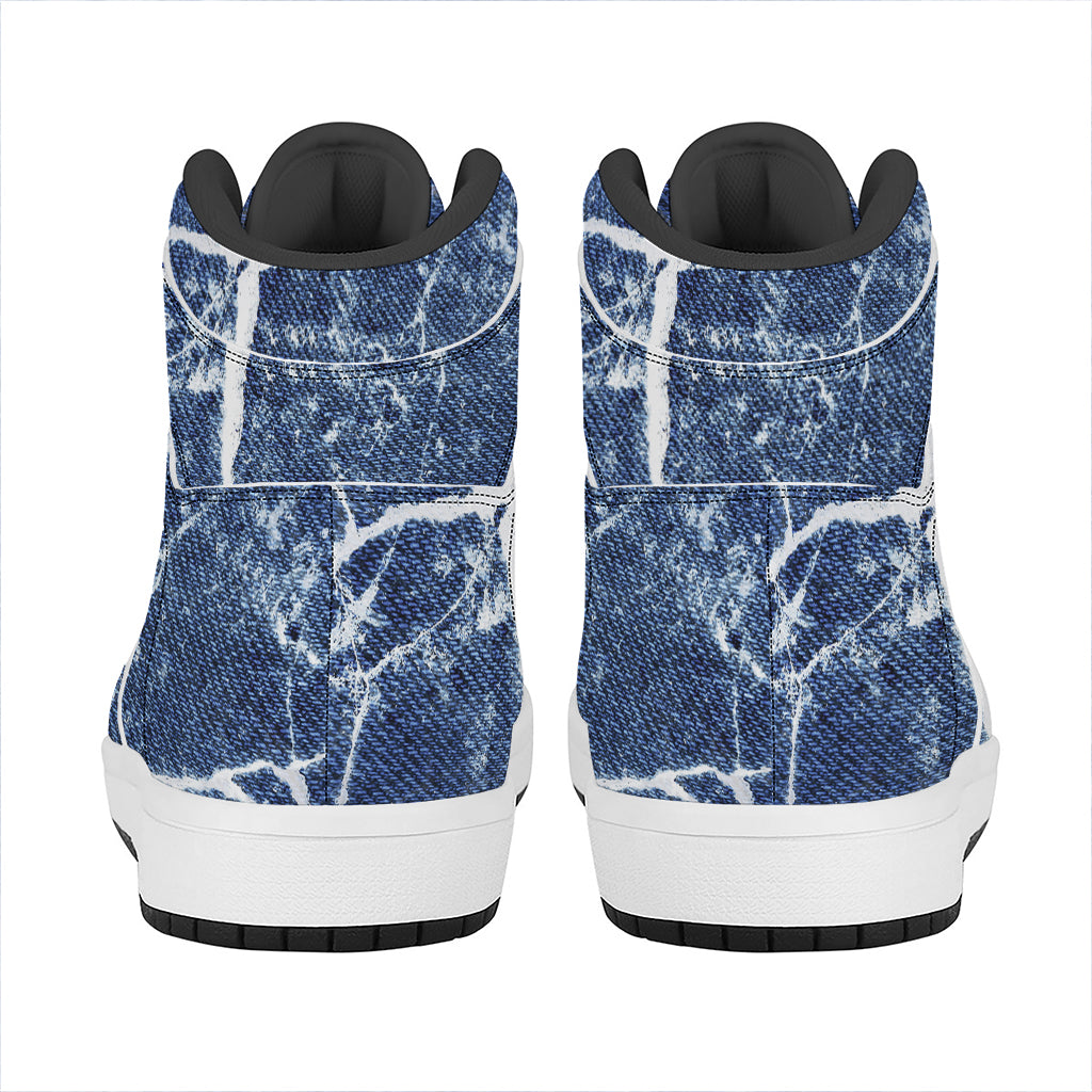 Marble Denim Jeans Pattern Print High Top Leather Sneakers