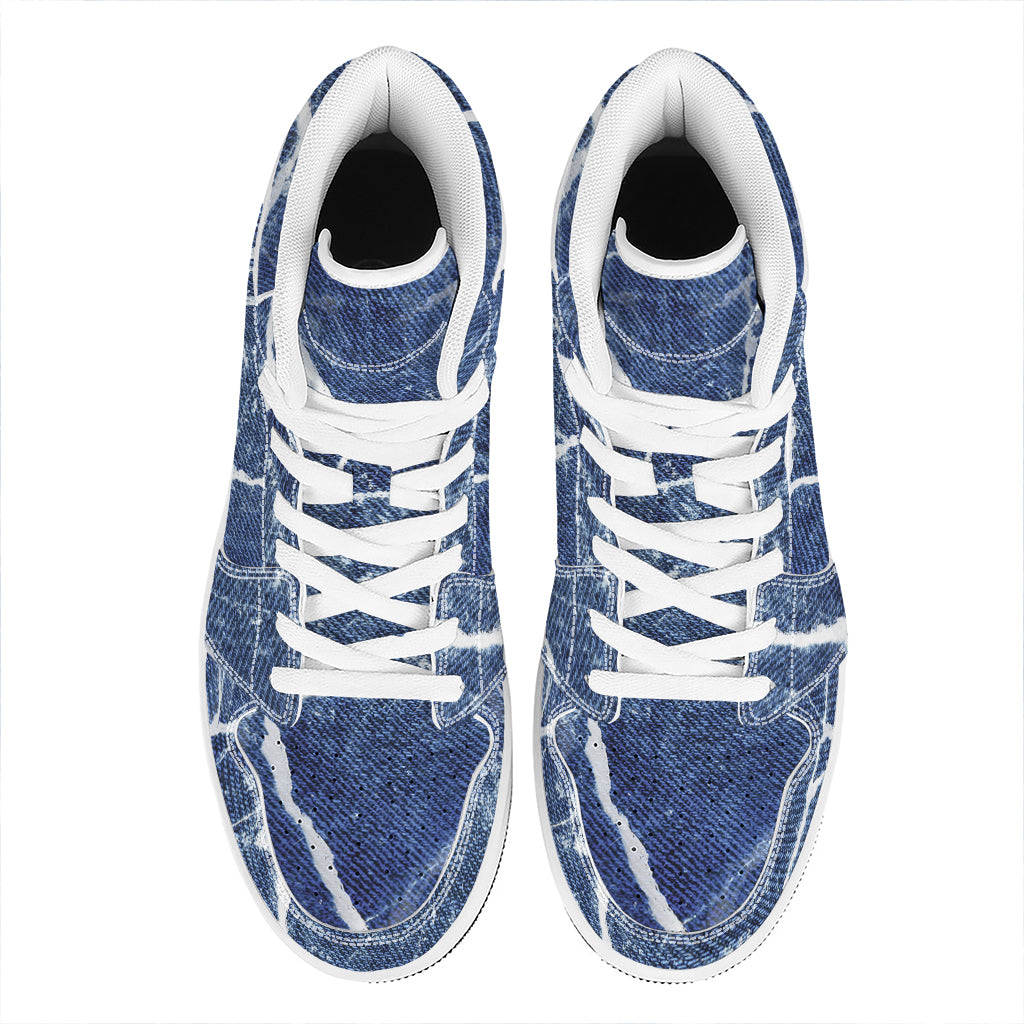 Marble Denim Jeans Pattern Print High Top Leather Sneakers