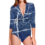Marble Denim Jeans Pattern Print Long Sleeve Swimsuit