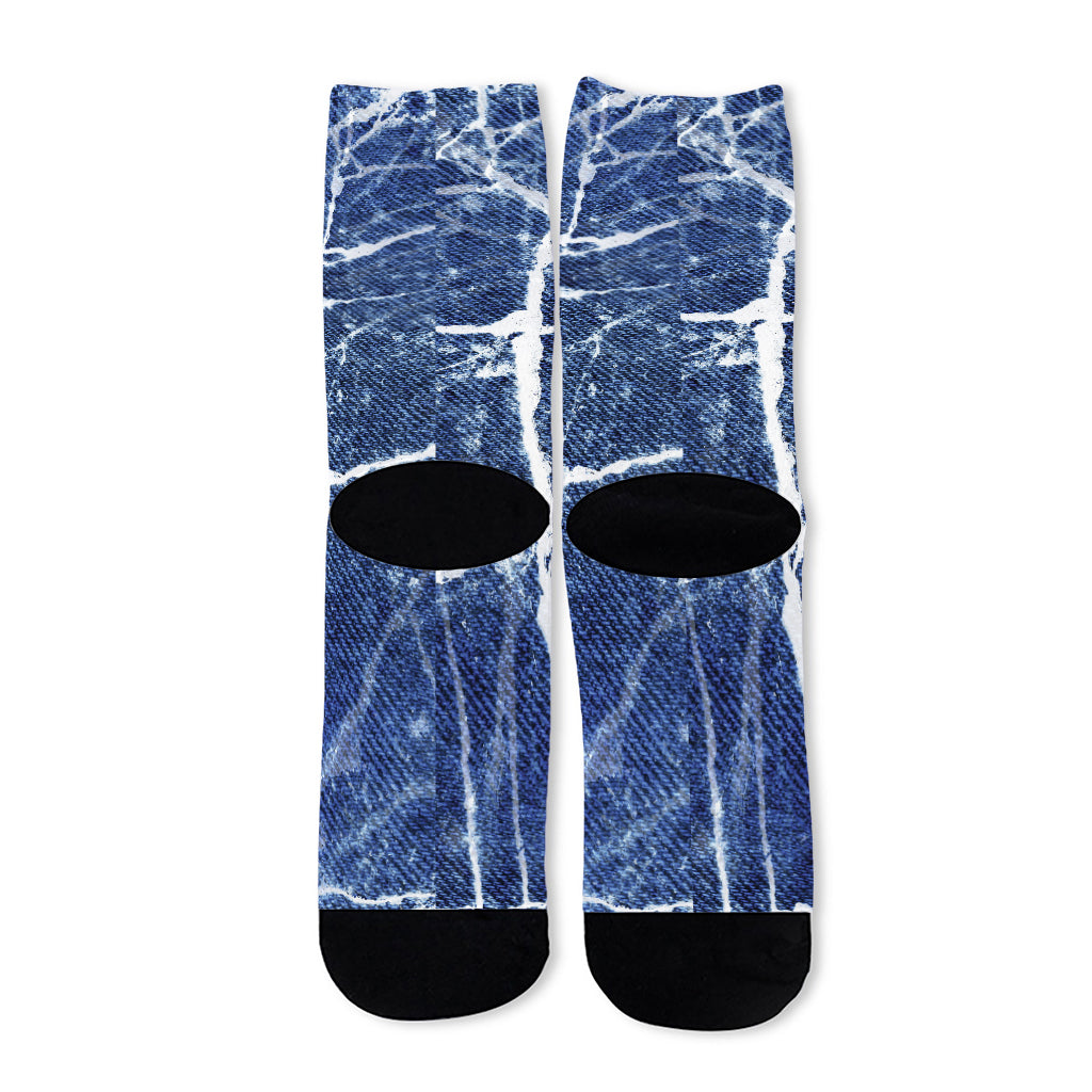 Marble Denim Jeans Pattern Print Long Socks