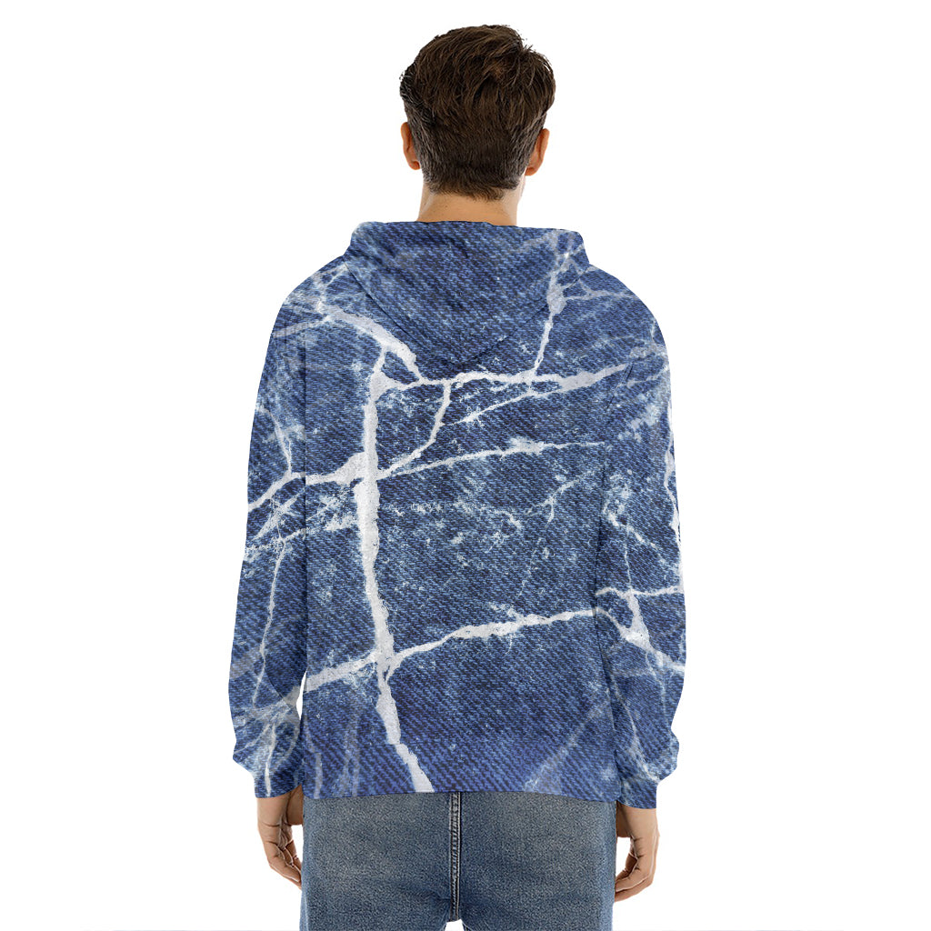 Marble Denim Jeans Pattern Print Men's Velvet Pullover Hoodie