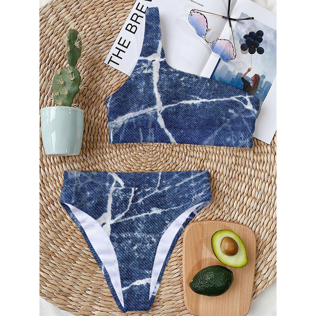Marble Denim Jeans Pattern Print One Shoulder Bikini Top