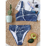 Marble Denim Jeans Pattern Print One Shoulder Bikini Top