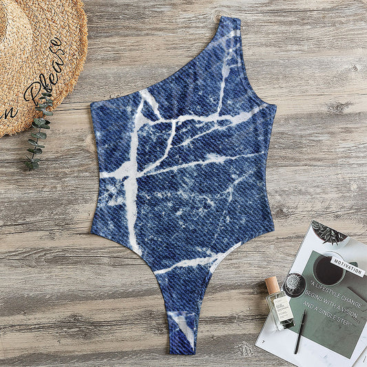Marble Denim Jeans Pattern Print One Shoulder Bodysuit