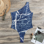 Marble Denim Jeans Pattern Print One Shoulder Bodysuit