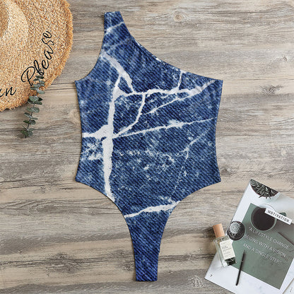 Marble Denim Jeans Pattern Print One Shoulder Bodysuit
