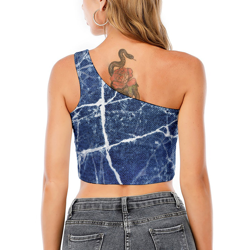 Marble Denim Jeans Pattern Print One Shoulder Crop Top