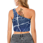 Marble Denim Jeans Pattern Print One Shoulder Crop Top