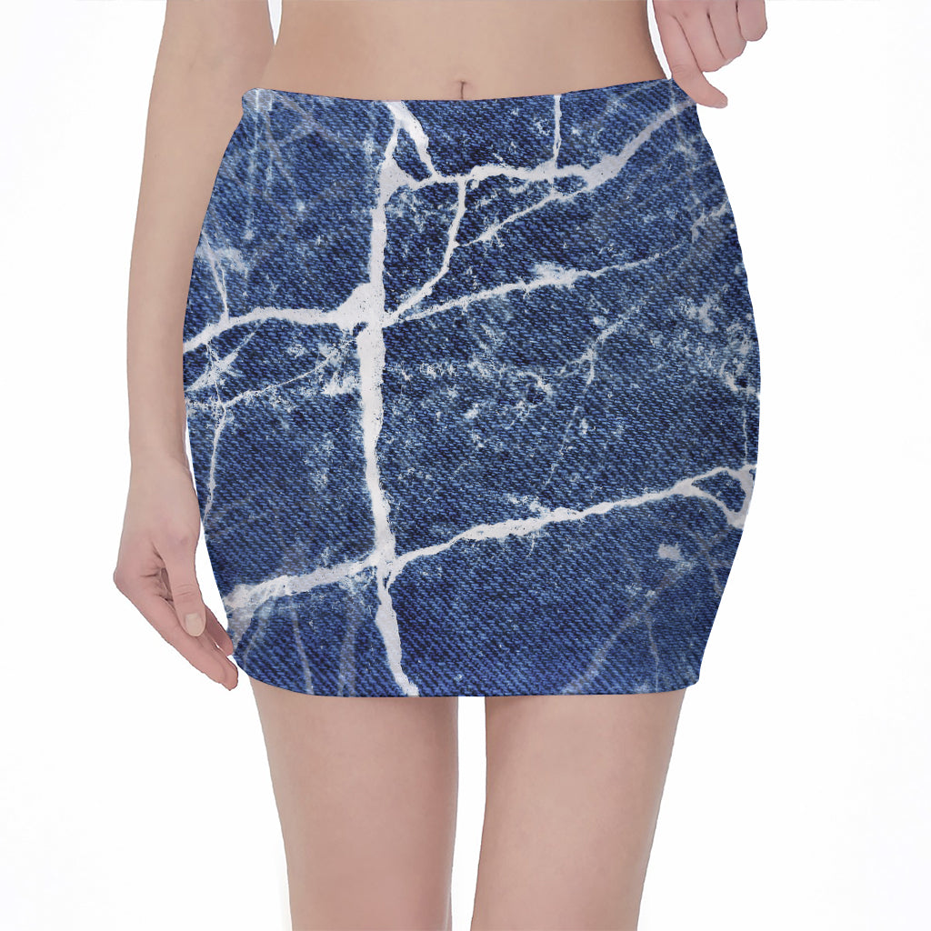 Marble Denim Jeans Pattern Print Pencil Mini Skirt