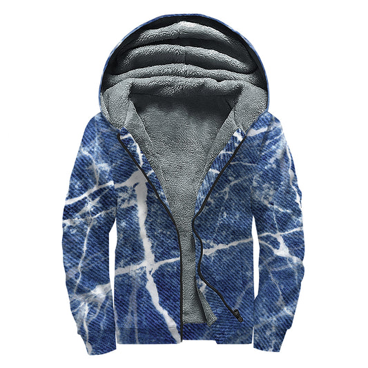 Marble Denim Jeans Pattern Print Sherpa Lined Zip Up Hoodie