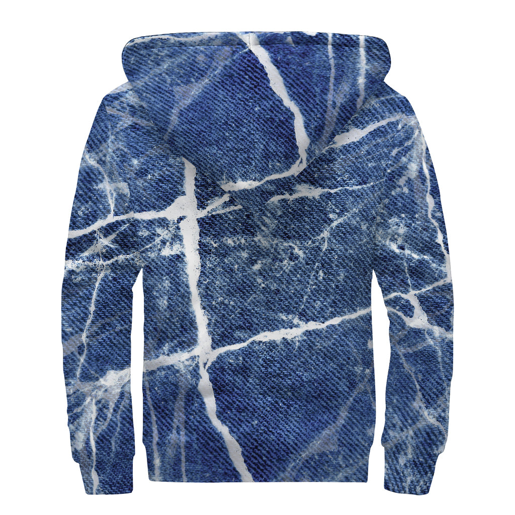 Marble Denim Jeans Pattern Print Sherpa Lined Zip Up Hoodie