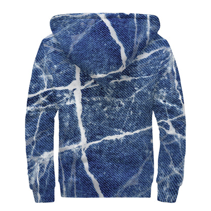 Marble Denim Jeans Pattern Print Sherpa Lined Zip Up Hoodie