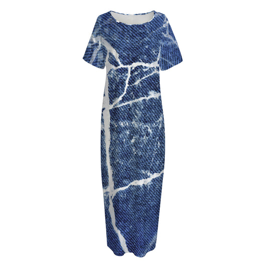Marble Denim Jeans Pattern Print Short Sleeve Long Nightdress