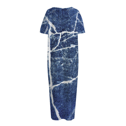 Marble Denim Jeans Pattern Print Short Sleeve Long Nightdress