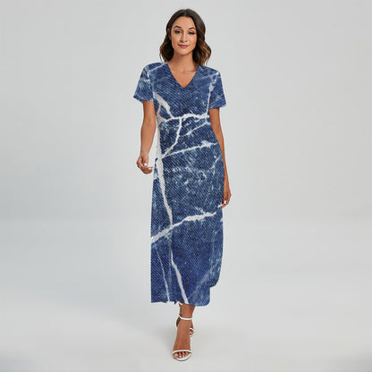 Marble Denim Jeans Pattern Print Short Sleeve Maxi Dress