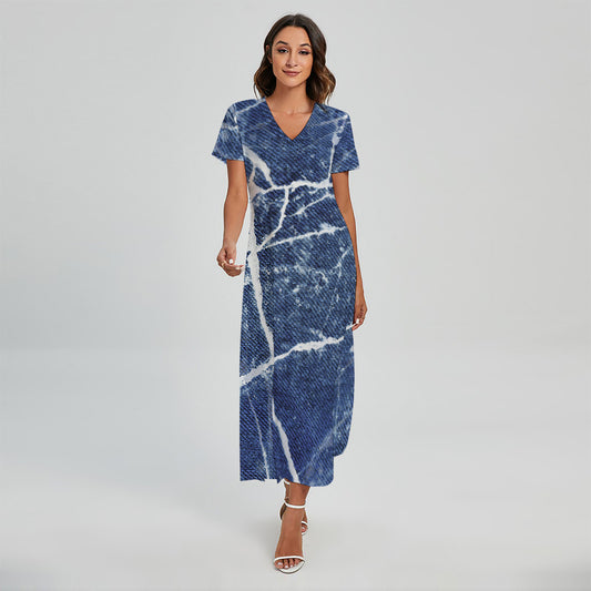 Marble Denim Jeans Pattern Print Short Sleeve Maxi Dress