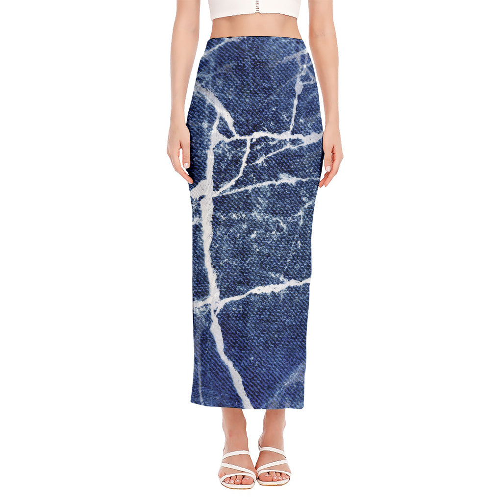 Marble Denim Jeans Pattern Print Side Slit Maxi Skirt