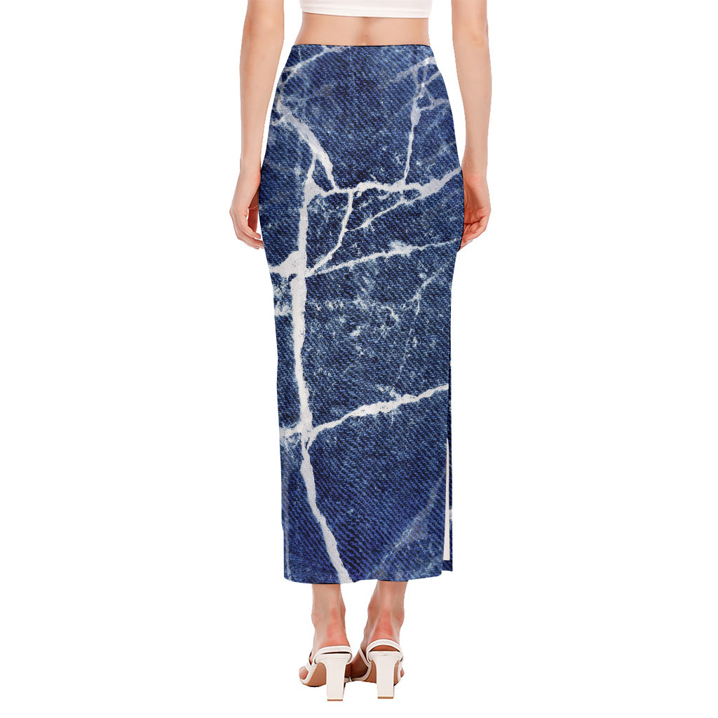 Marble Denim Jeans Pattern Print Side Slit Maxi Skirt