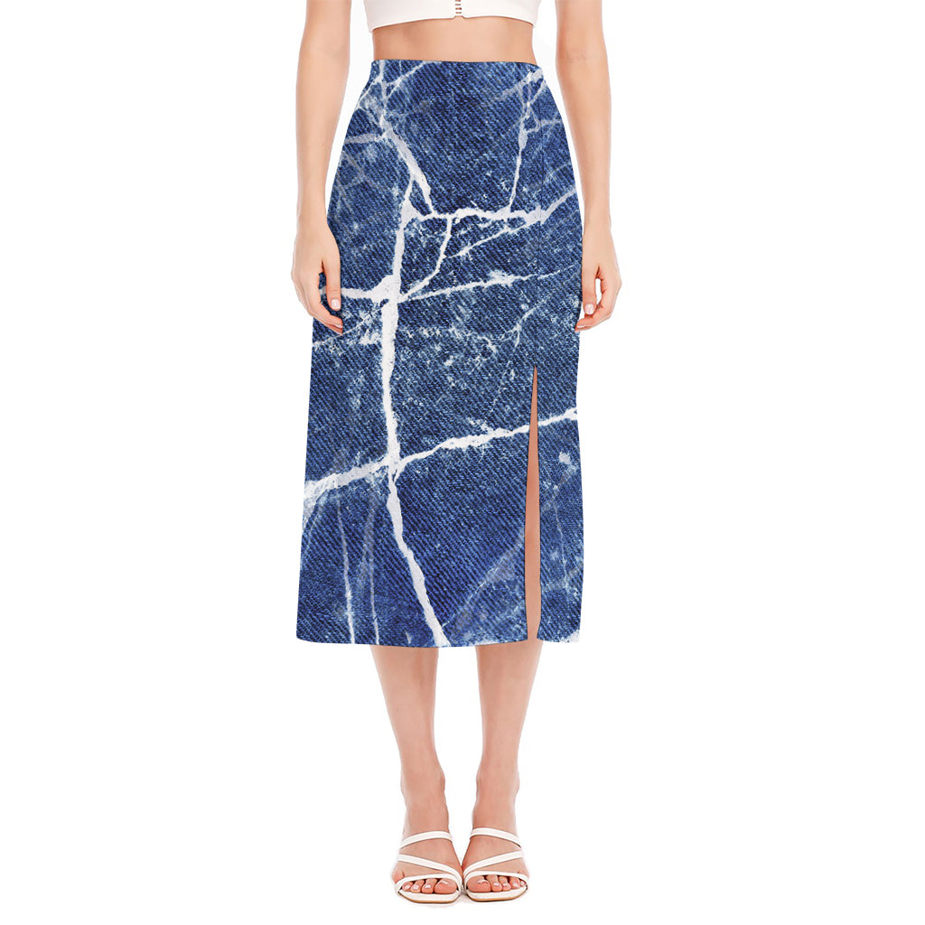 Marble Denim Jeans Pattern Print Side Slit Midi Skirt