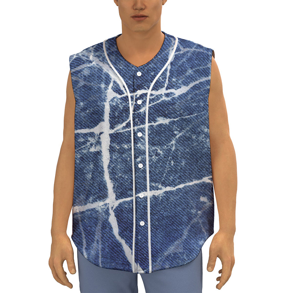 Marble Denim Jeans Pattern Print Sleeveless Baseball Jersey