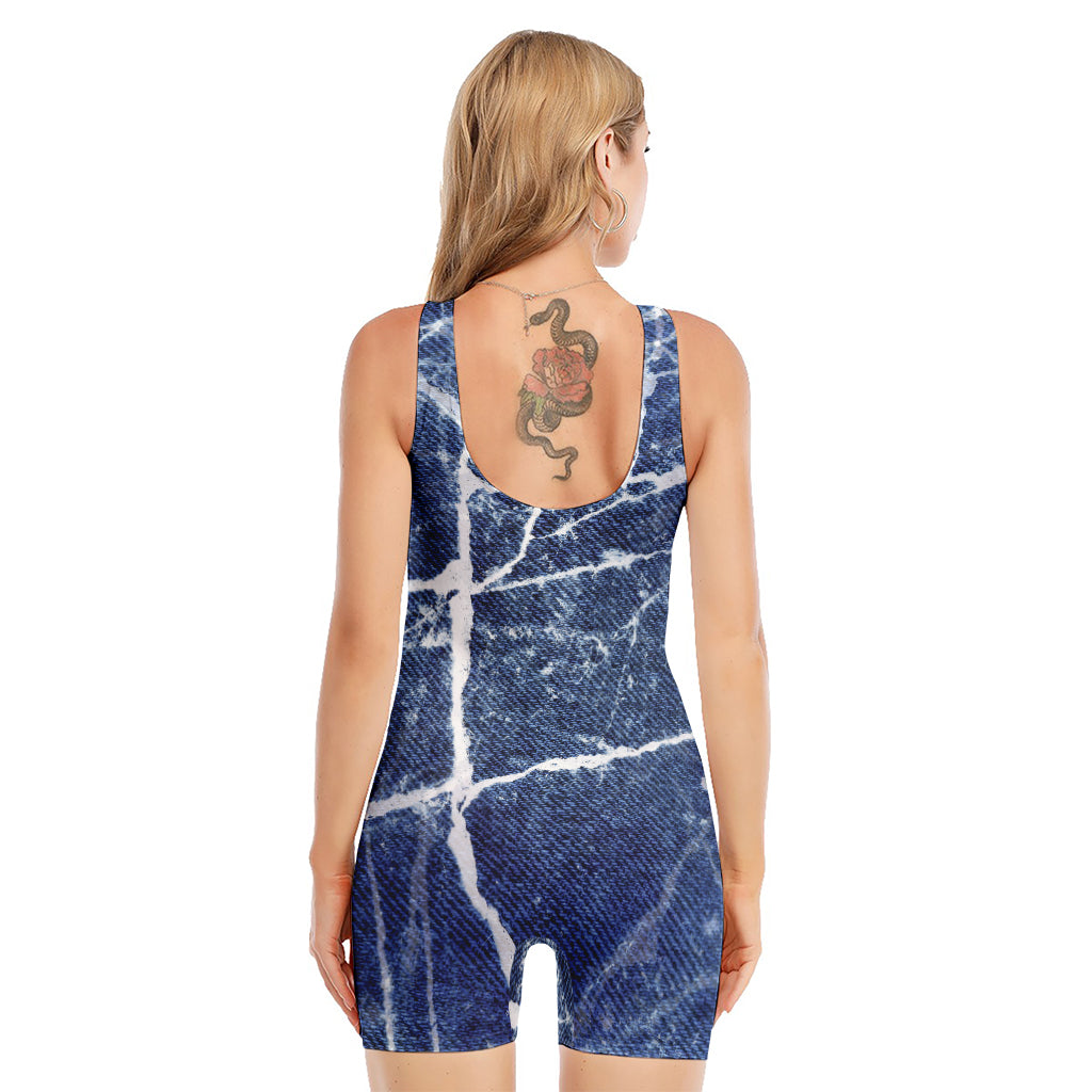 Marble Denim Jeans Pattern Print Sleeveless One Piece Swimsuit