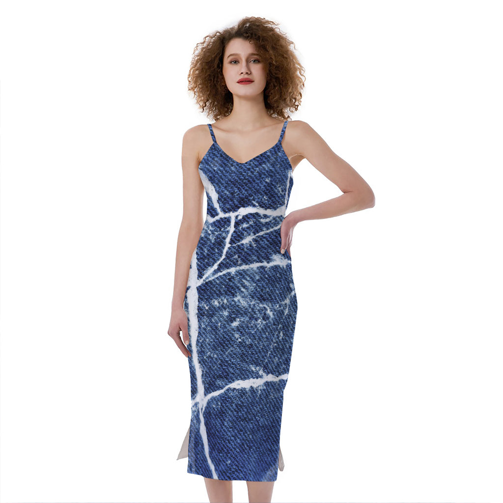 Marble Denim Jeans Pattern Print Slim Fit Midi Cami Dress