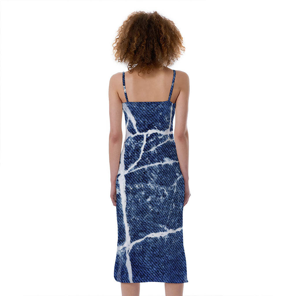 Marble Denim Jeans Pattern Print Slim Fit Midi Cami Dress