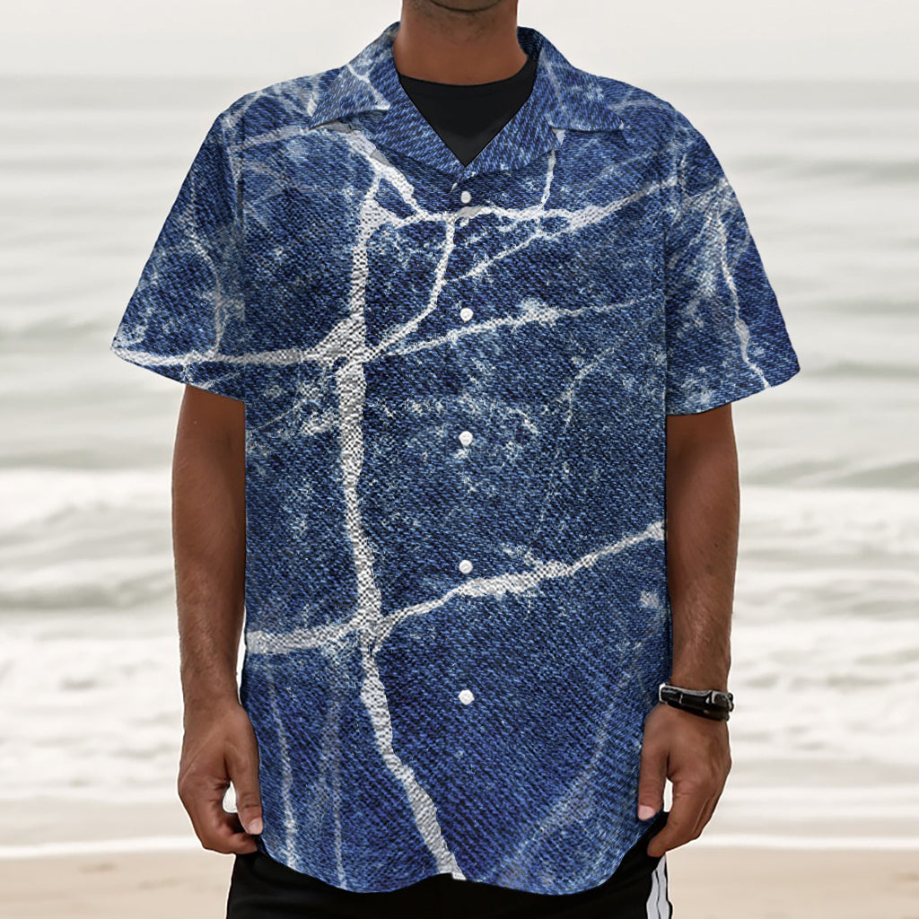 Marble Denim Jeans Pattern Print Textured Short Sleeve Shirt