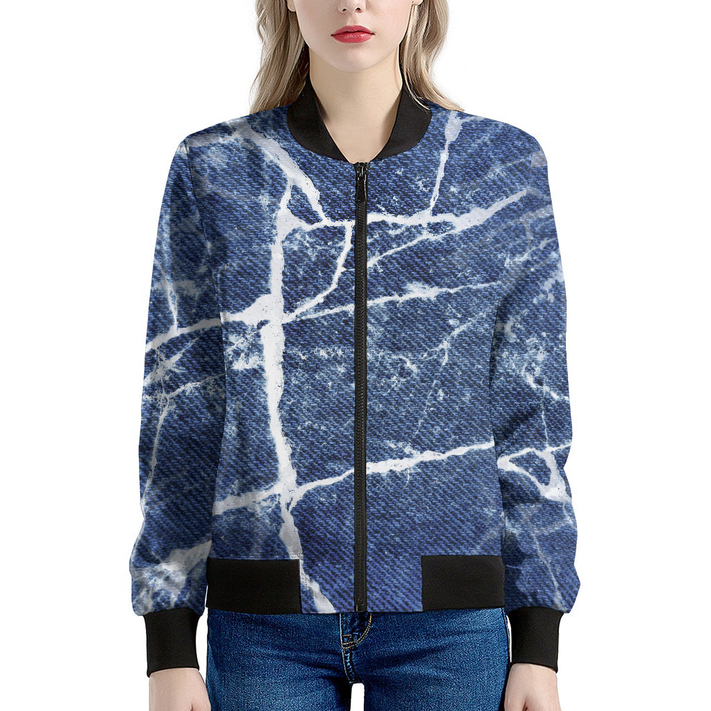 Marble Denim Jeans Pattern Print Women's Bomber Jacket