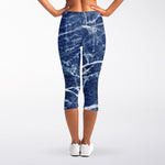 Marble Denim Jeans Pattern Print Women's Capri Leggings