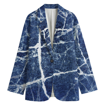 Marble Denim Jeans Pattern Print Women's Cotton Blazer