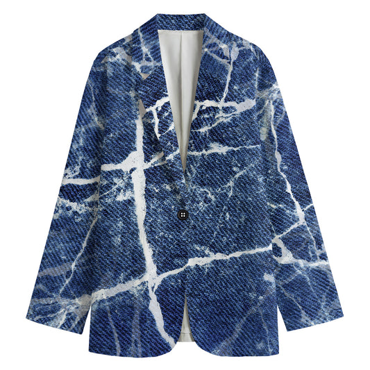 Marble Denim Jeans Pattern Print Women's Cotton Blazer