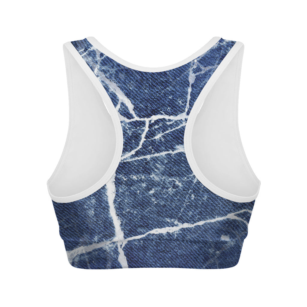 Marble Denim Jeans Pattern Print Women's Sports Bra