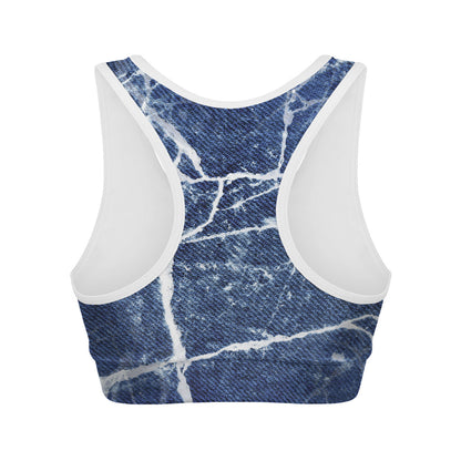 Marble Denim Jeans Pattern Print Women's Sports Bra