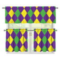 Mardi Gras Argyle Pattern Print 3 Piece Kitchen Curtains