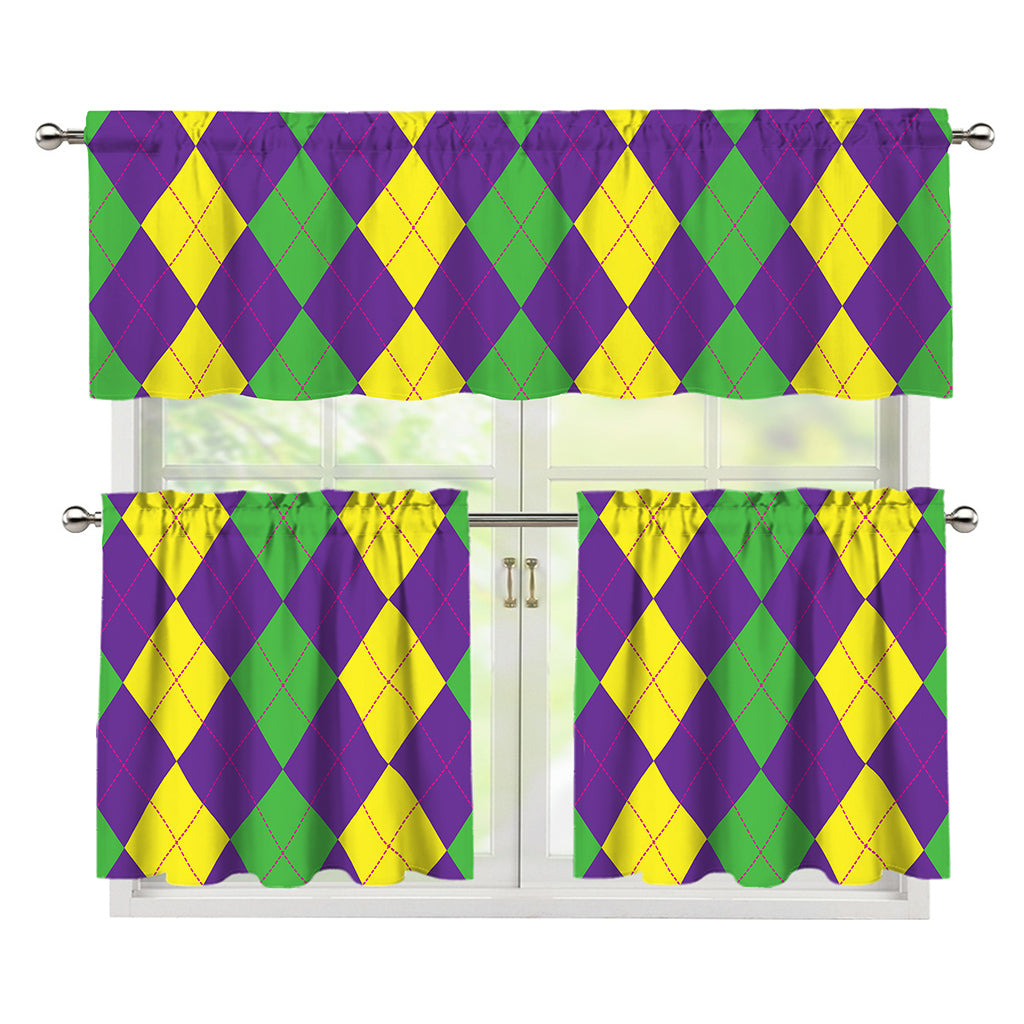 Mardi Gras Argyle Pattern Print 3 Piece Kitchen Curtains