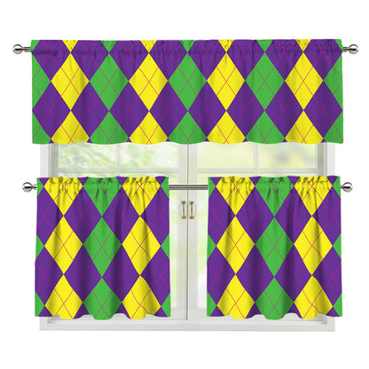 Mardi Gras Argyle Pattern Print 3 Piece Kitchen Curtains