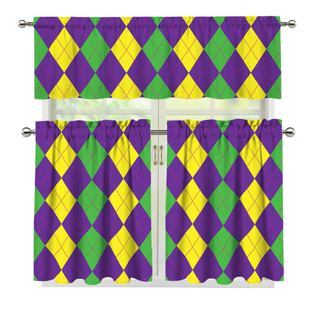 Mardi Gras Argyle Pattern Print 3 Piece Kitchen Curtains