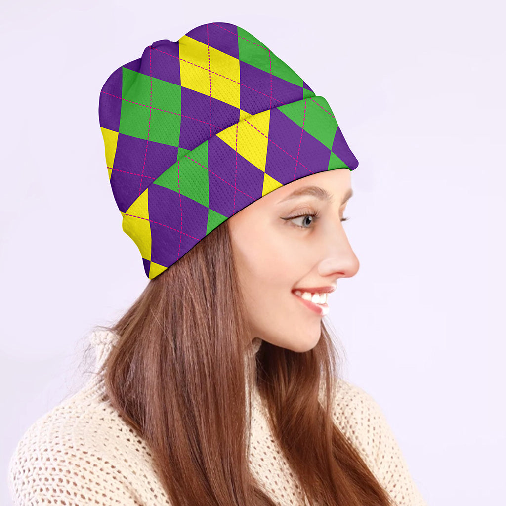 Mardi Gras Argyle Pattern Print Beanie