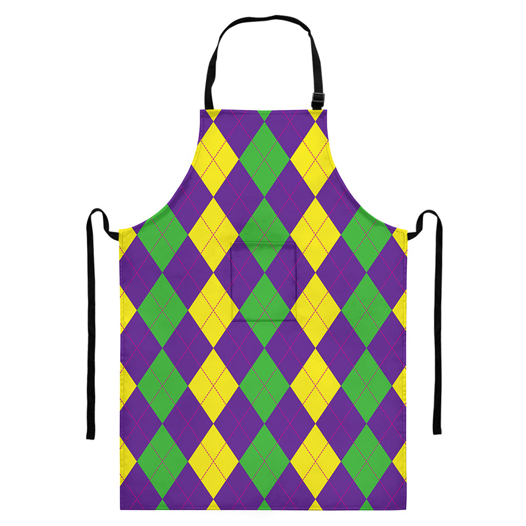 Mardi Gras Argyle Pattern Print Bib Apron With Pocket