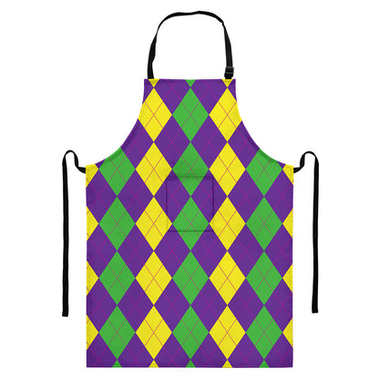 Mardi Gras Argyle Pattern Print Bib Apron With Pocket