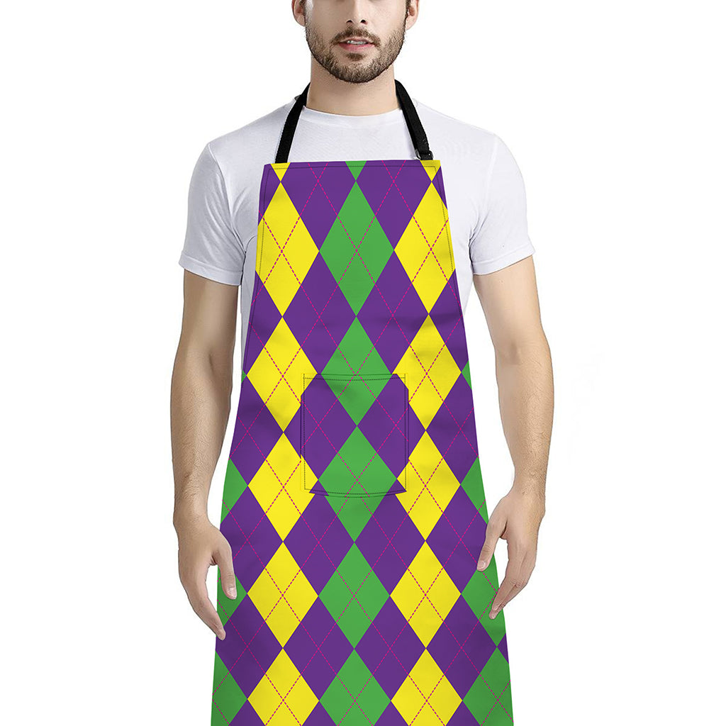 Mardi Gras Argyle Pattern Print Bib Apron With Pocket