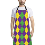 Mardi Gras Argyle Pattern Print Bib Apron With Pocket